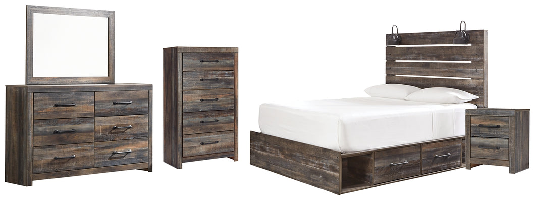Drystan Queen Panel Bed with 4 Storage Drawers with Mirrored Dresser, Chest and Nightstand