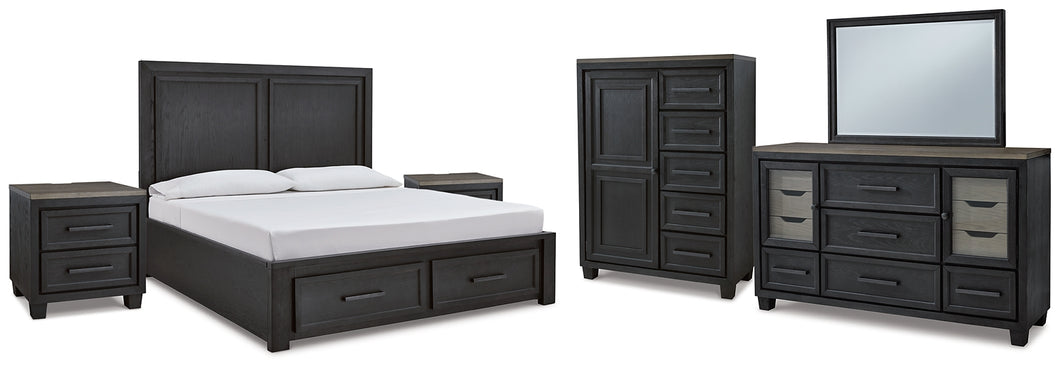 Foyland California King Panel Storage Bed with Mirrored Dresser, Chest and 2 Nightstands